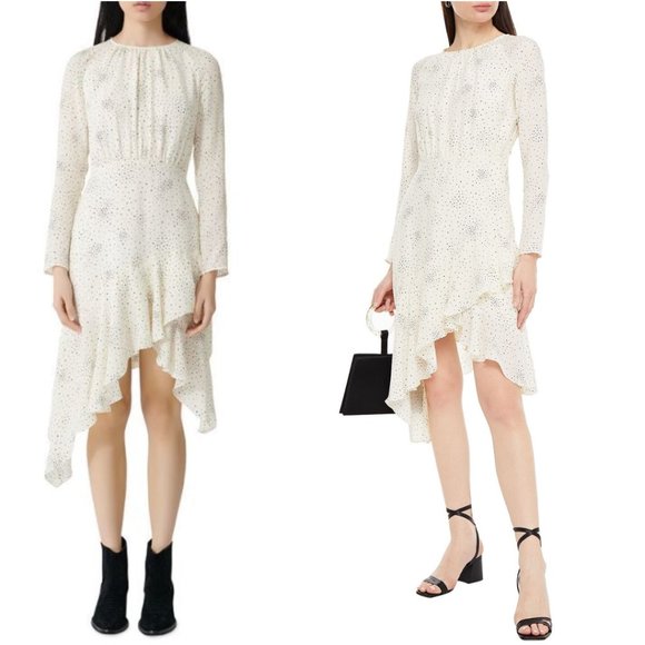 Maje Reto Asymmetric Dress Sz 40 Ecru Cupro Printed Ruffle Trim Long Sleeve - Picture 1 of 11